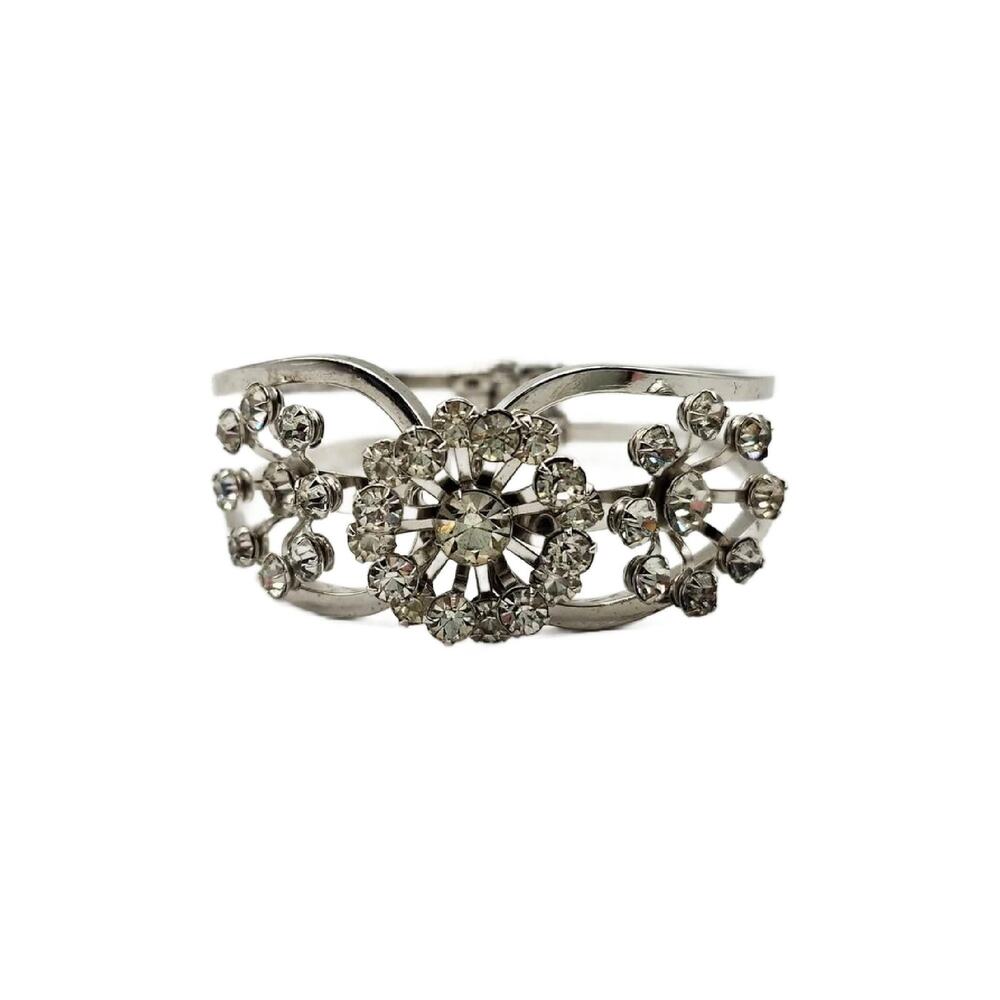 Vintage Silver Tone Rhinestone Hinged Cuff Bracelet, starburst Design